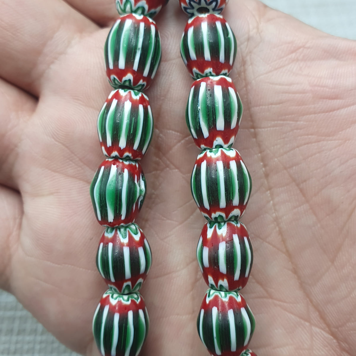 Vintage Venetian Chevron Glass Beads: Red, White, and Blue - 22 Inch Strand