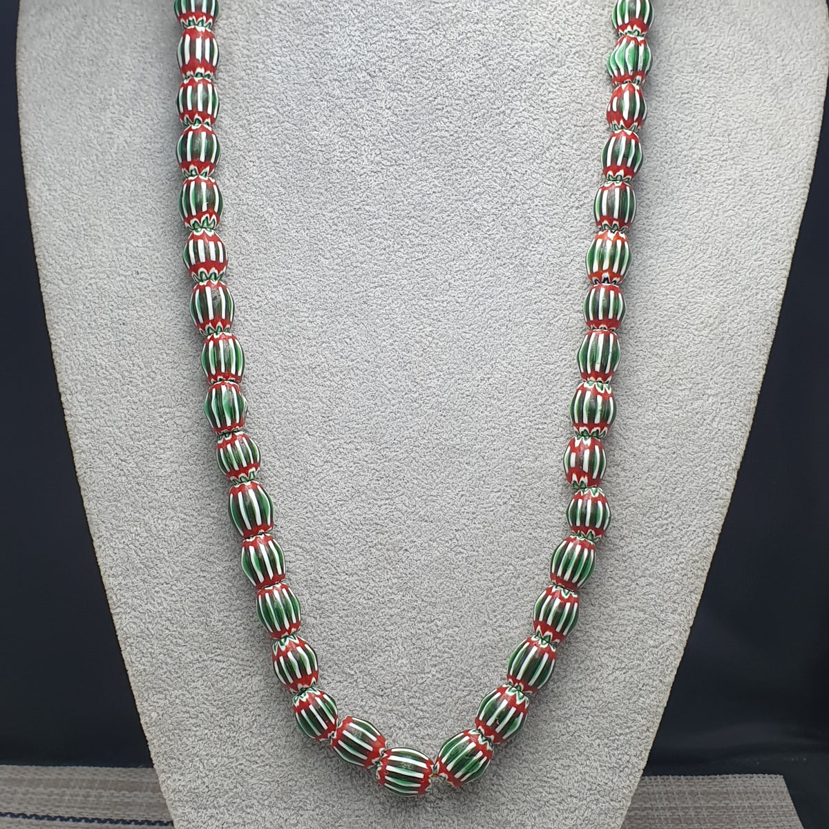 Vintage Venetian Chevron Glass Beads: Red, White, and Blue - 22 Inch Strand