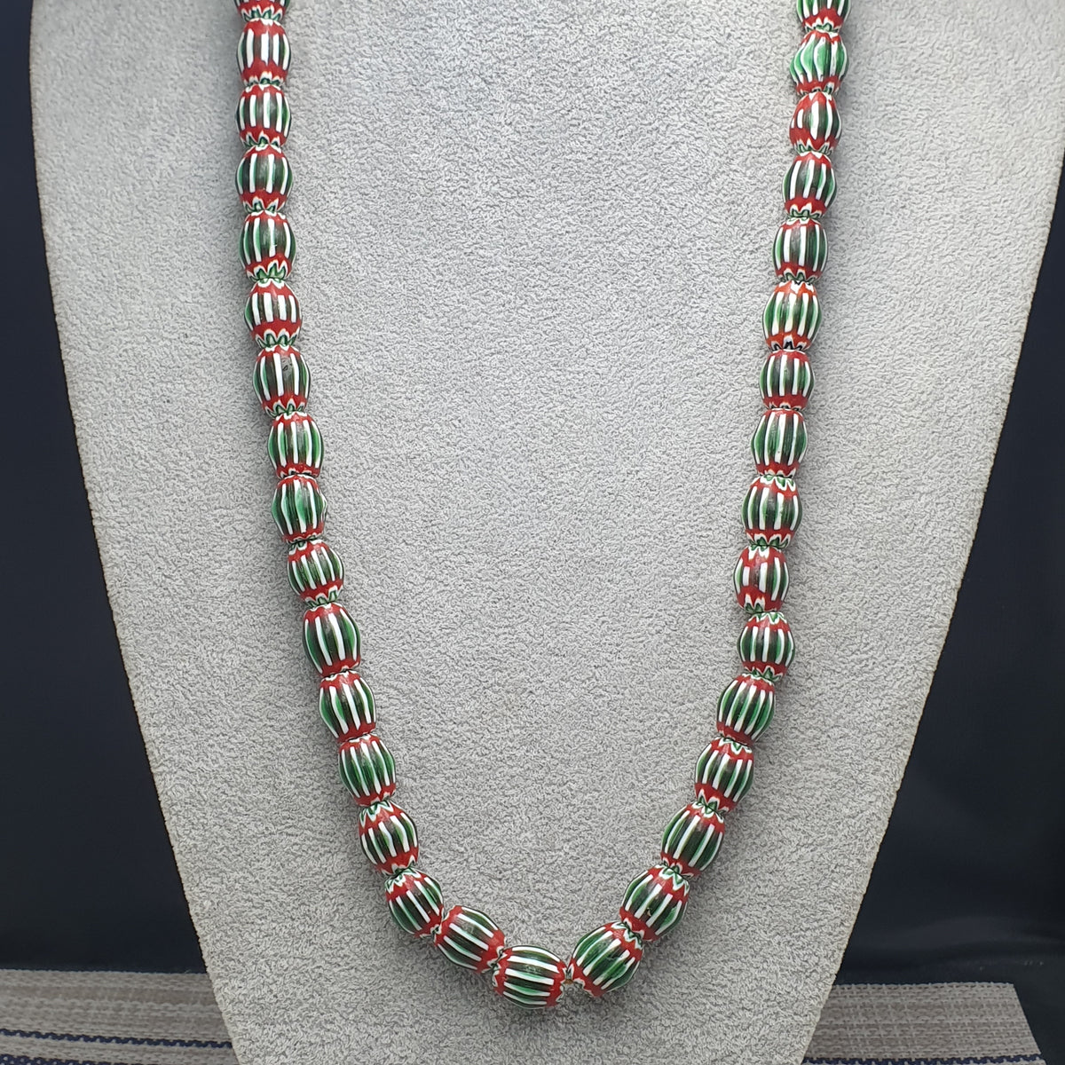 Vintage Venetian Chevron Glass Beads: Red, White, and Blue - 22 Inch Strand