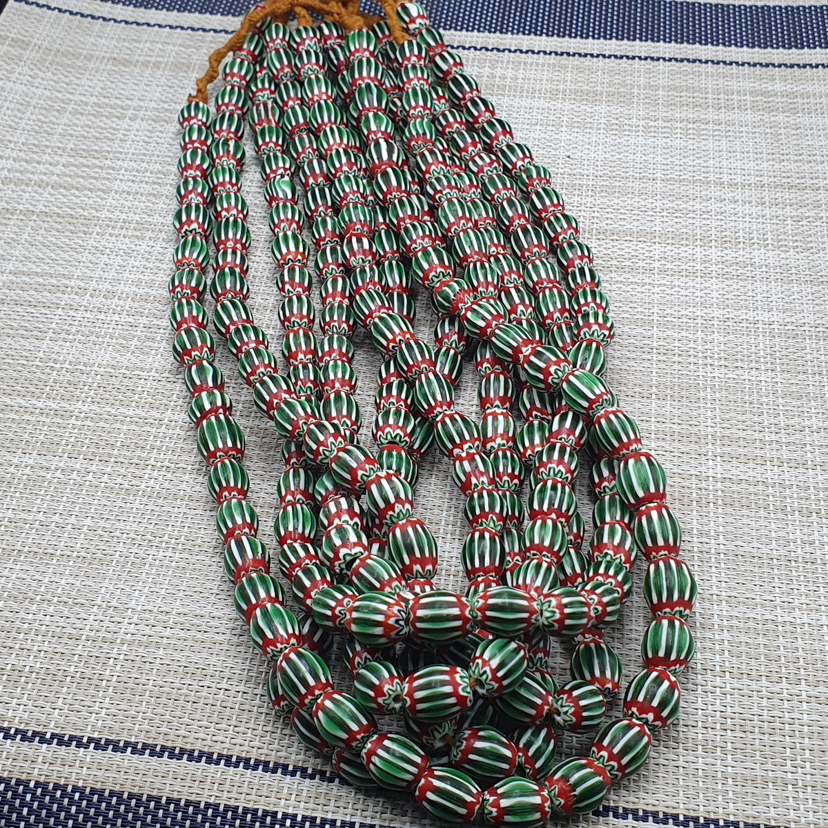 Vintage Venetian Chevron Glass Beads: Red, White, and Blue - 22 Inch Strand