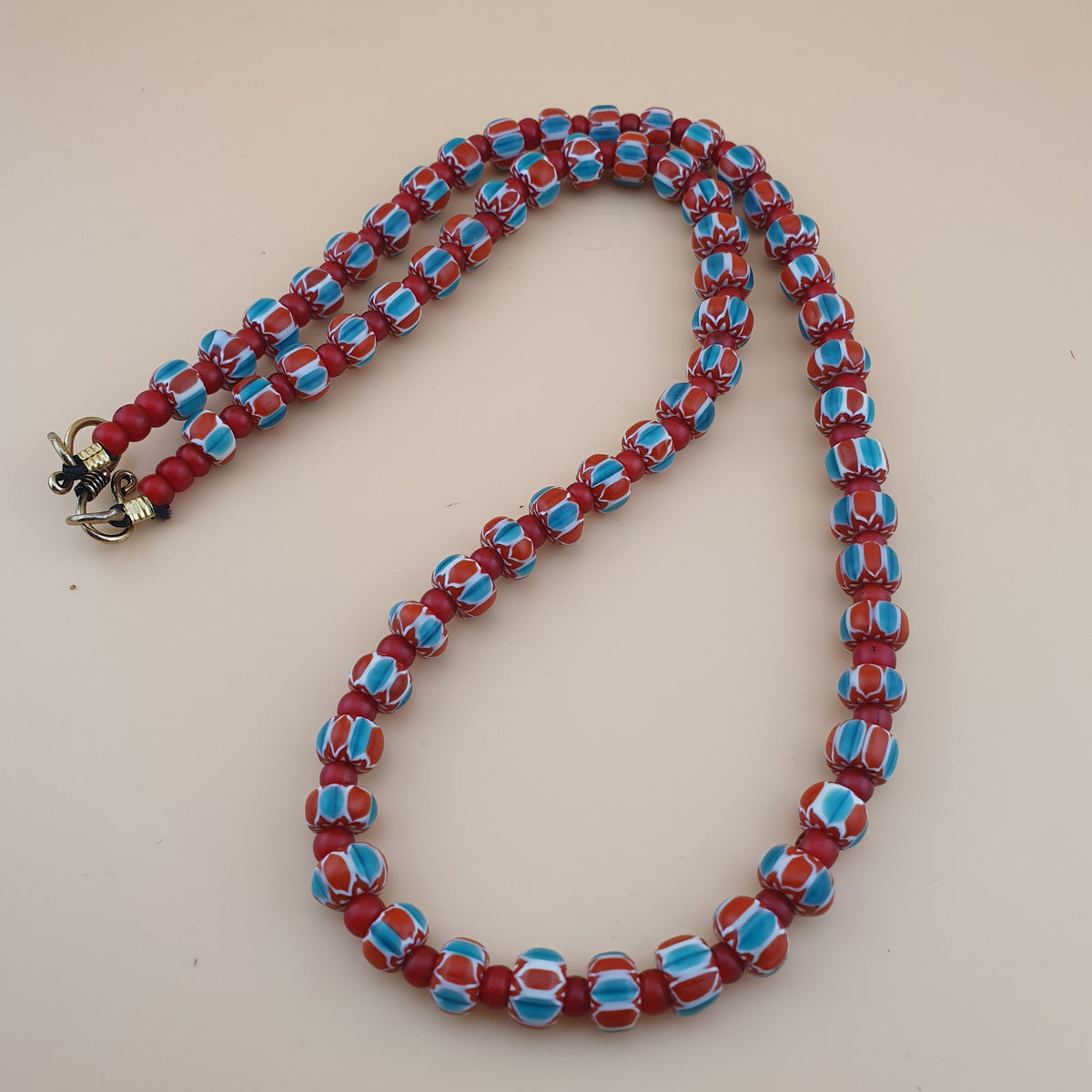 Vintage Venetian Style Chevron &Venetian Whiteheart Glass Beads Necklace 20 inches