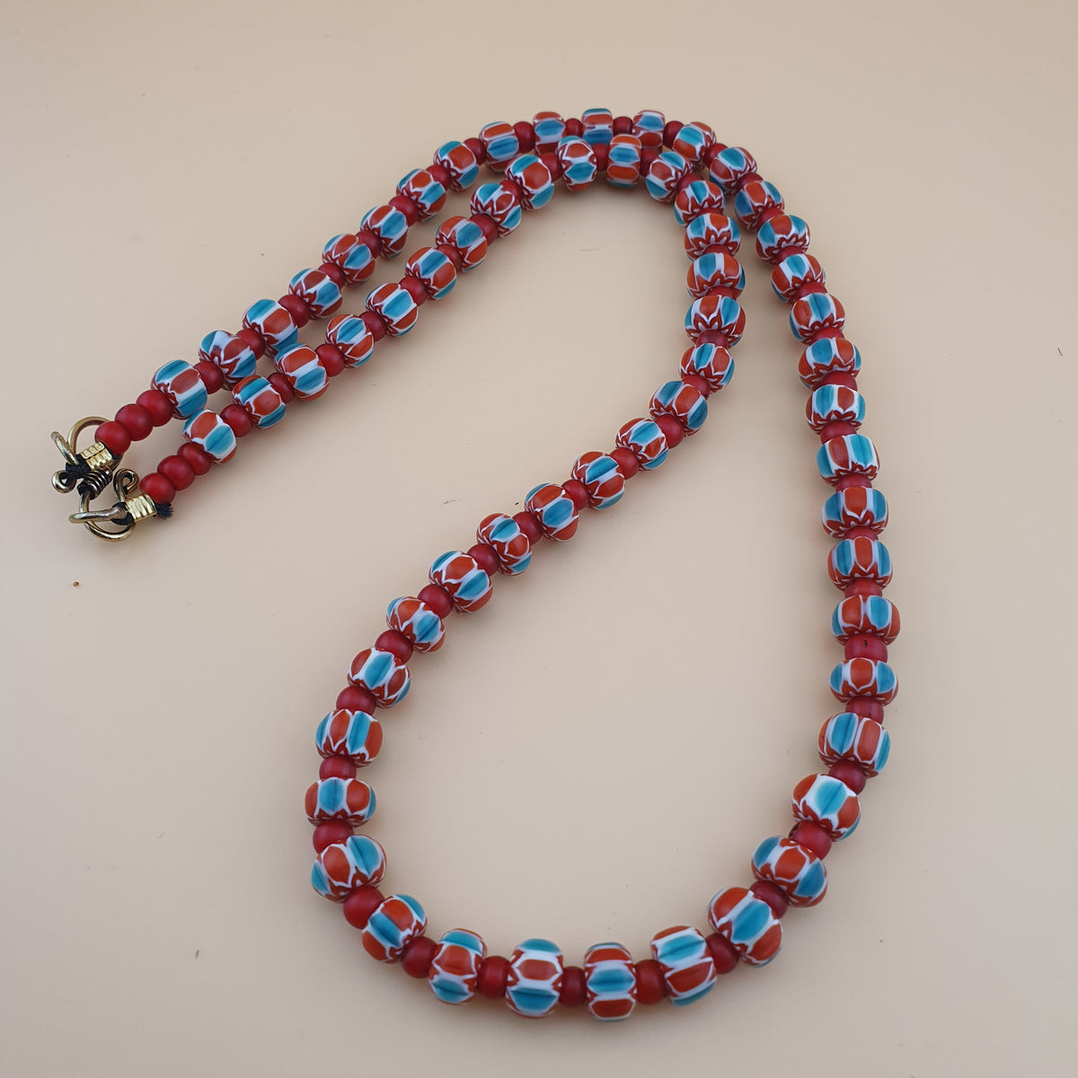 Vintage Venetian Style Chevron &Venetian Whiteheart Glass Beads Necklace 20 inches