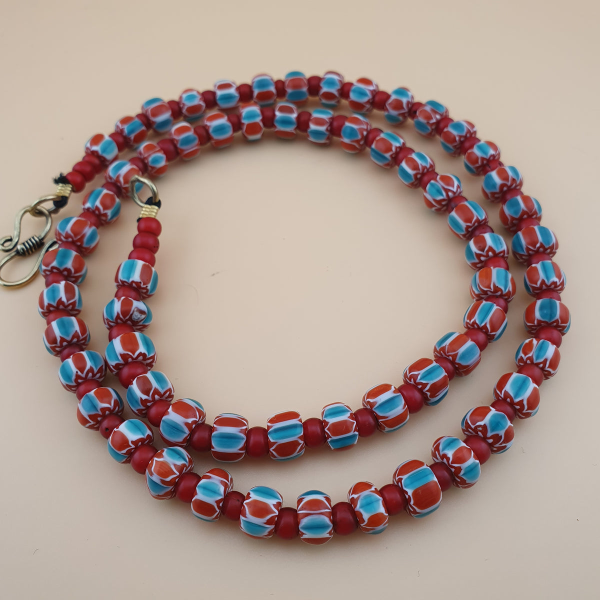 Vintage Venetian Style Chevron &Venetian Whiteheart Glass Beads Necklace 20 inches