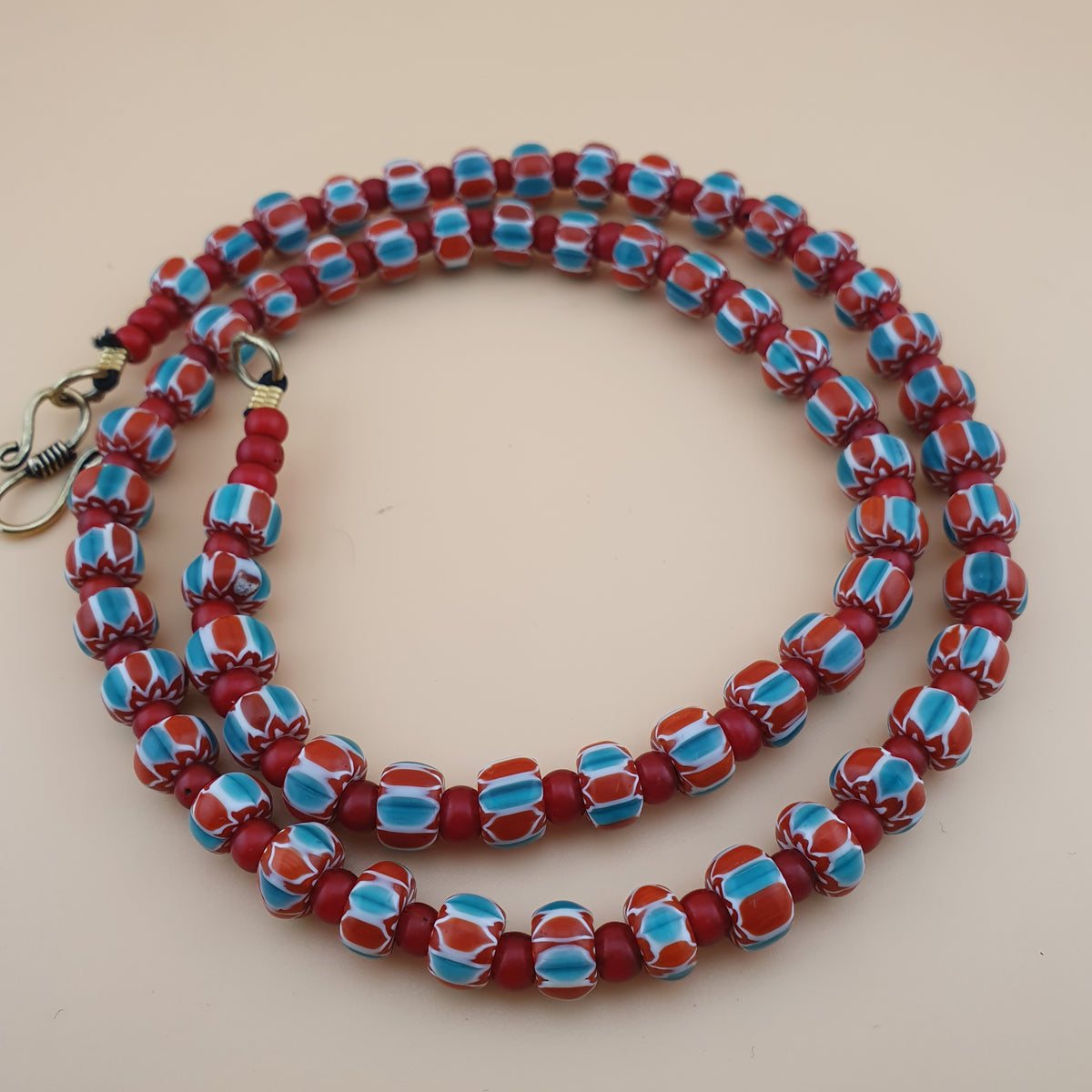 Vintage Venetian Style Chevron &Venetian Whiteheart Glass Beads Necklace 20 inches