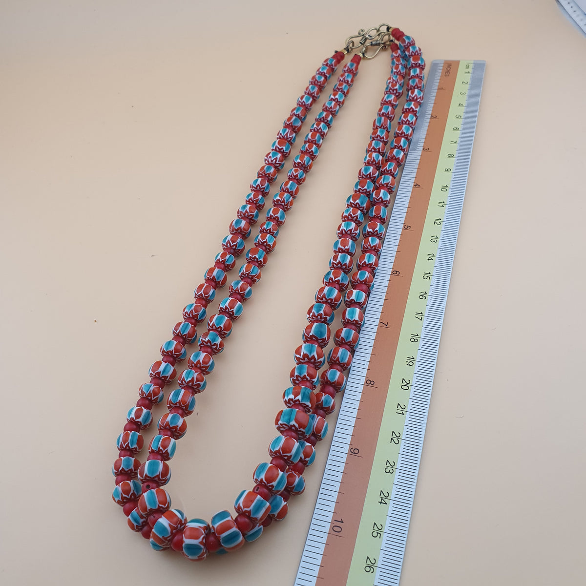 Vintage Venetian Style Chevron &Venetian Whiteheart Glass Beads Necklace 20 inches