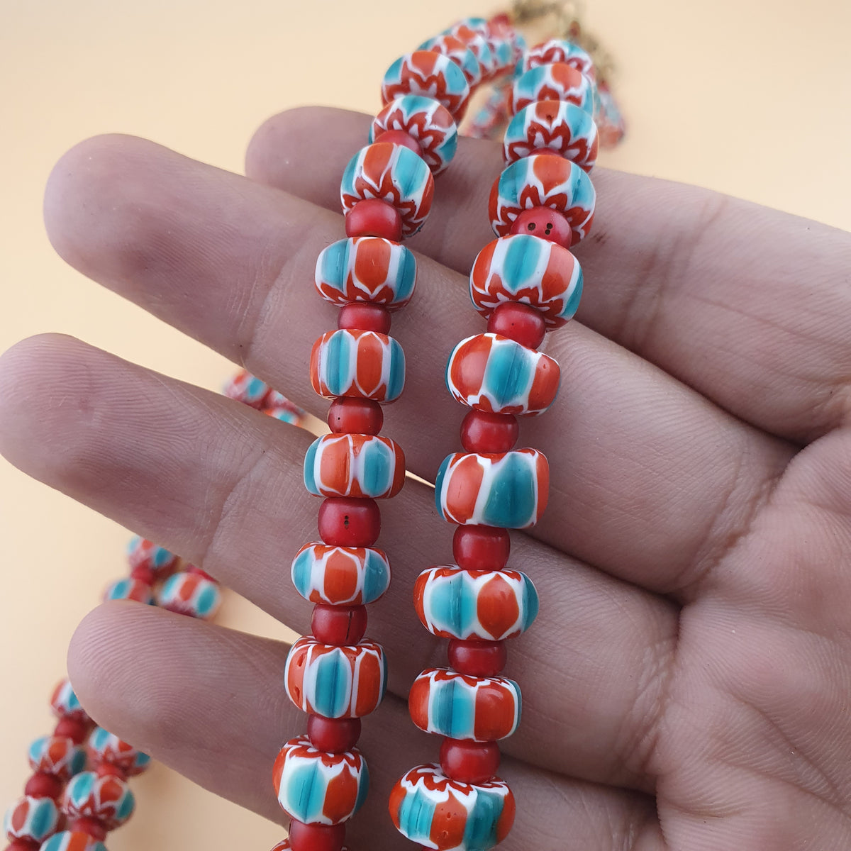 Vintage Venetian Style Chevron &Venetian Whiteheart Glass Beads Necklace 20 inches
