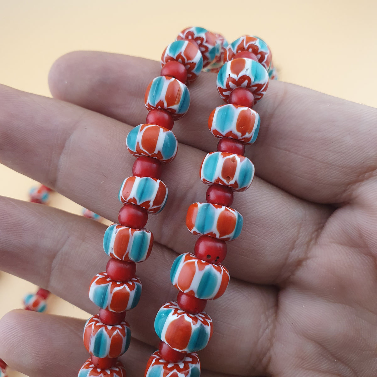 Vintage Venetian Style Chevron &Venetian Whiteheart Glass Beads Necklace 20 inches