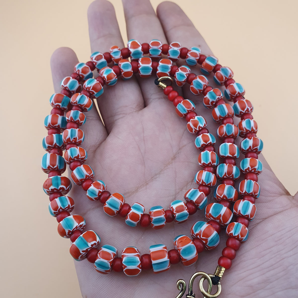 Vintage Venetian Style Chevron &Venetian Whiteheart Glass Beads Necklace 20 inches