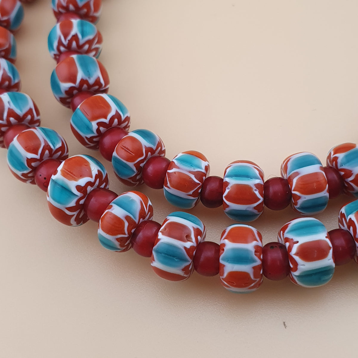 Vintage Venetian Style Chevron &Venetian Whiteheart Glass Beads Necklace 20 inches