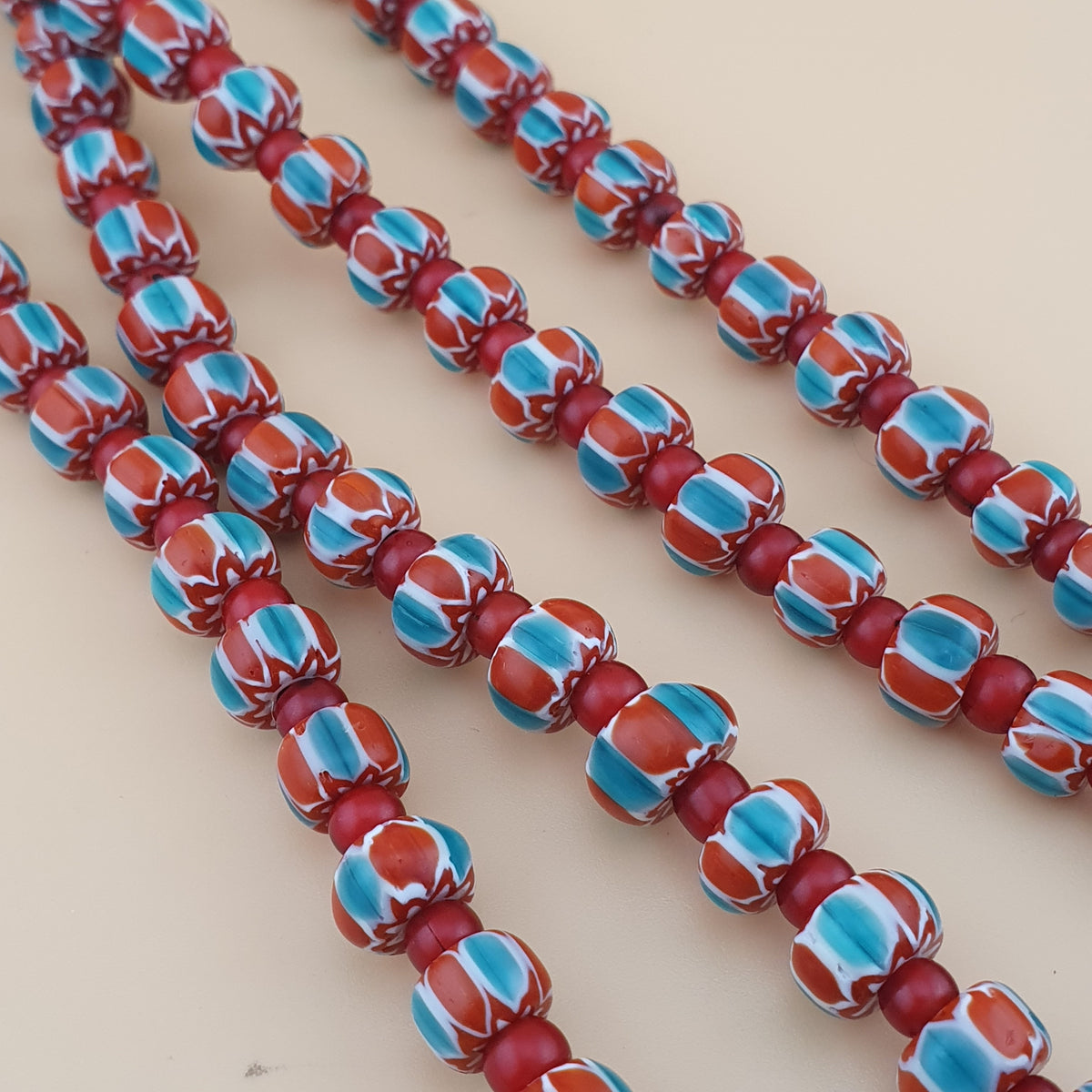 Vintage Venetian Style Chevron &Venetian Whiteheart Glass Beads Necklace 20 inches