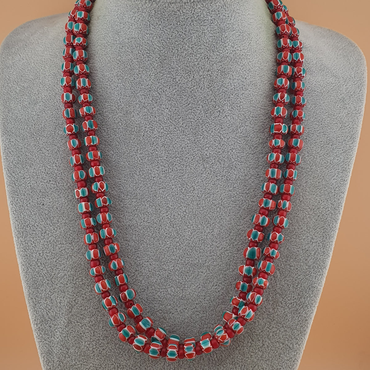 Vintage Venetian Style Chevron &Venetian Whiteheart Glass Beads Necklace 20 inches