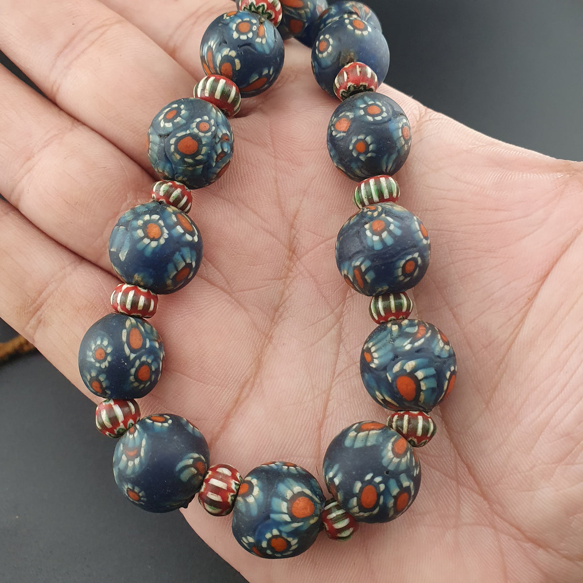 Vintage Venetian Style Millefiori & Chevron Glass Beads Necklace 7-15mm Beads 20 inches