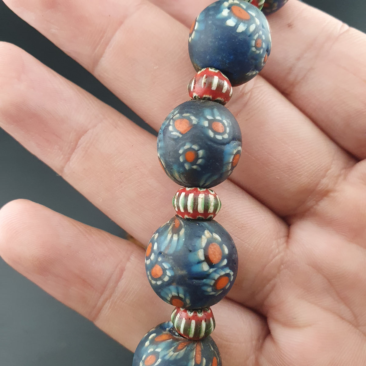 Vintage Venetian Style Millefiori & Chevron Glass Beads Necklace 7-15mm Beads 20 inches