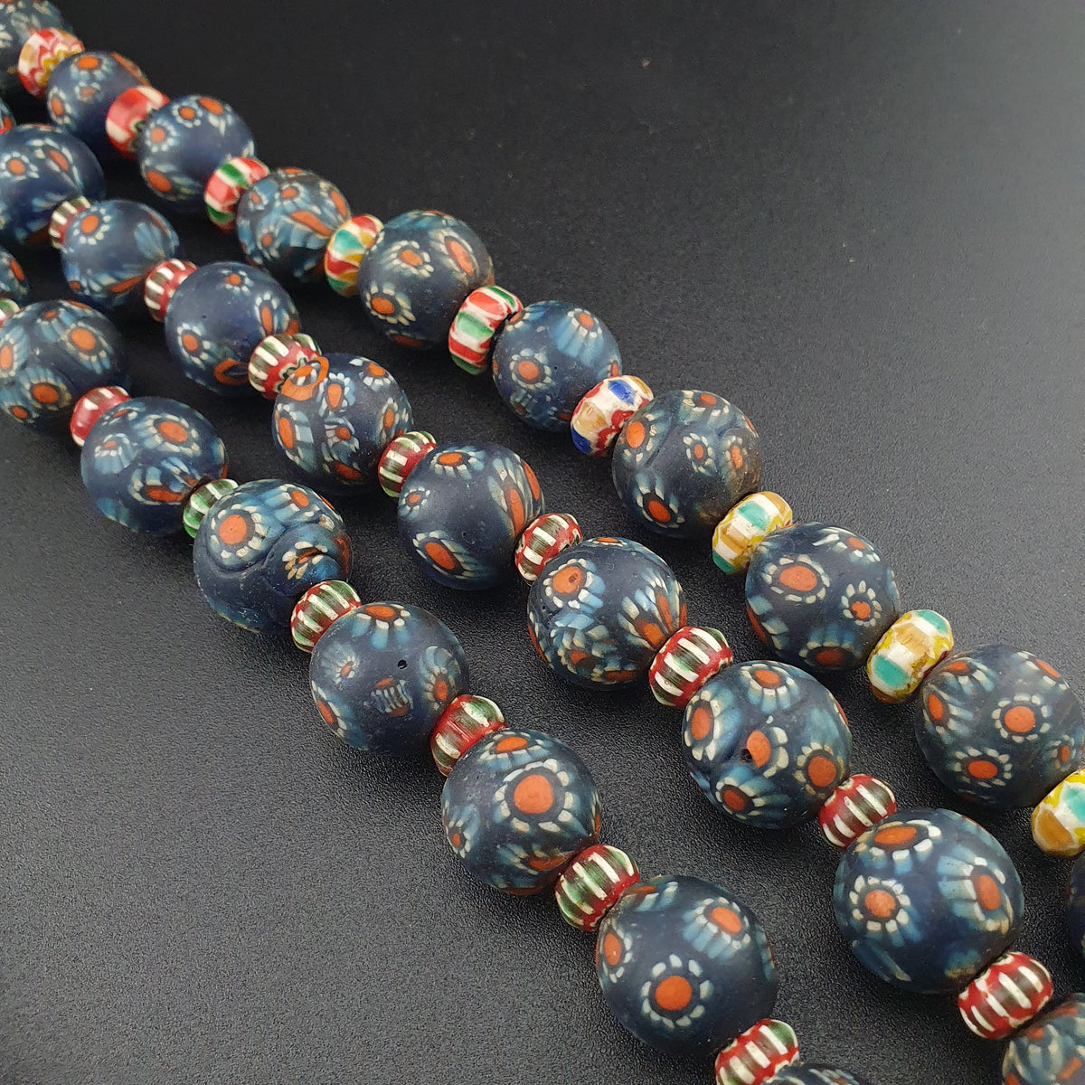 Vintage Venetian Style Millefiori & Chevron Glass Beads Necklace 7-15mm Beads 20 inches