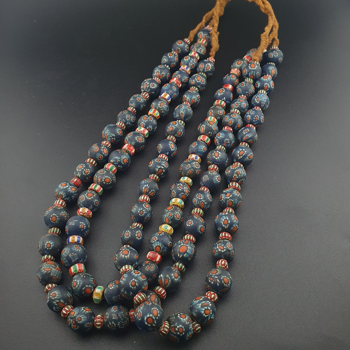 Vintage Venetian Style Millefiori & Chevron Glass Beads Necklace 7-15mm Beads 20 inches
