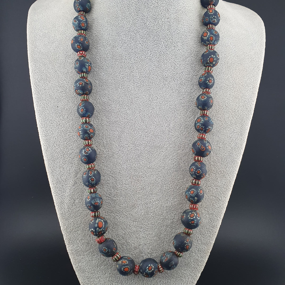 Vintage Venetian Style Millefiori & Chevron Glass Beads Necklace 7-15mm Beads 20 inches