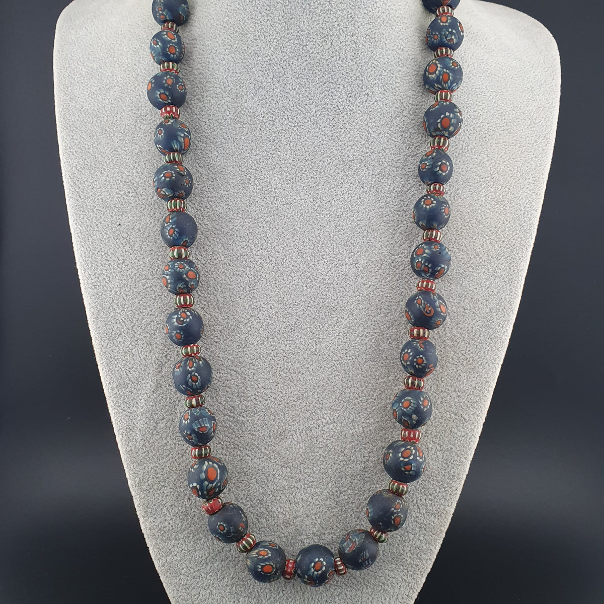 Vintage Venetian Style Millefiori & Chevron Glass Beads Necklace 7-15mm Beads 20 inches