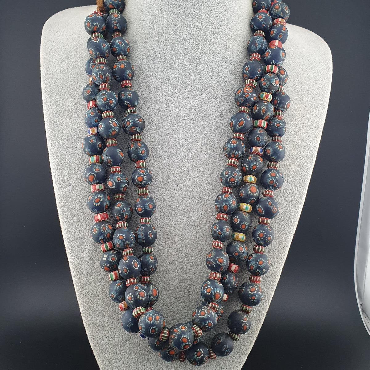 Vintage Venetian Style Millefiori & Chevron Glass Beads Necklace 7-15mm Beads 20 inches