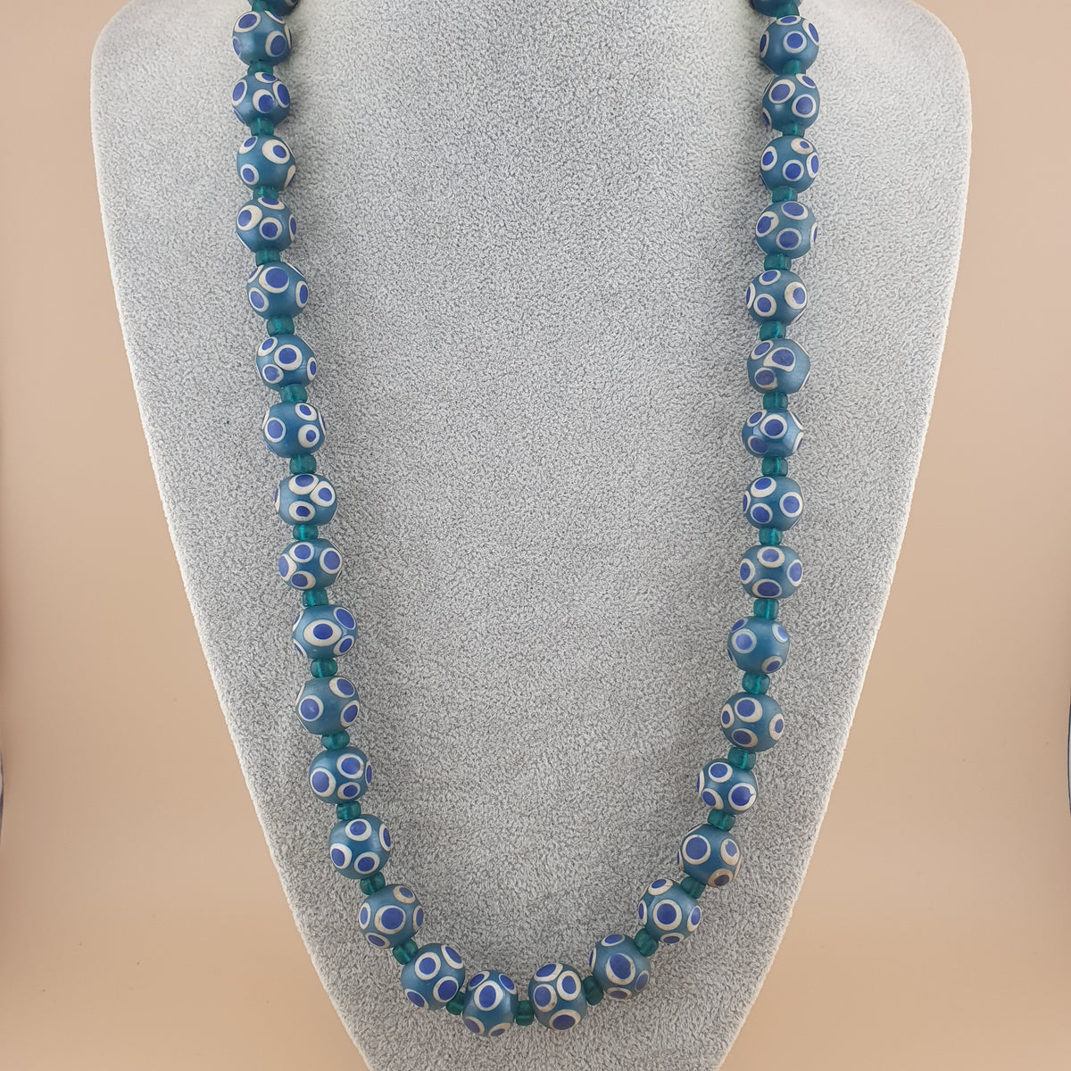 Perles en verre bleu "mille yeux" de style vénitien vintage, 24 pouces