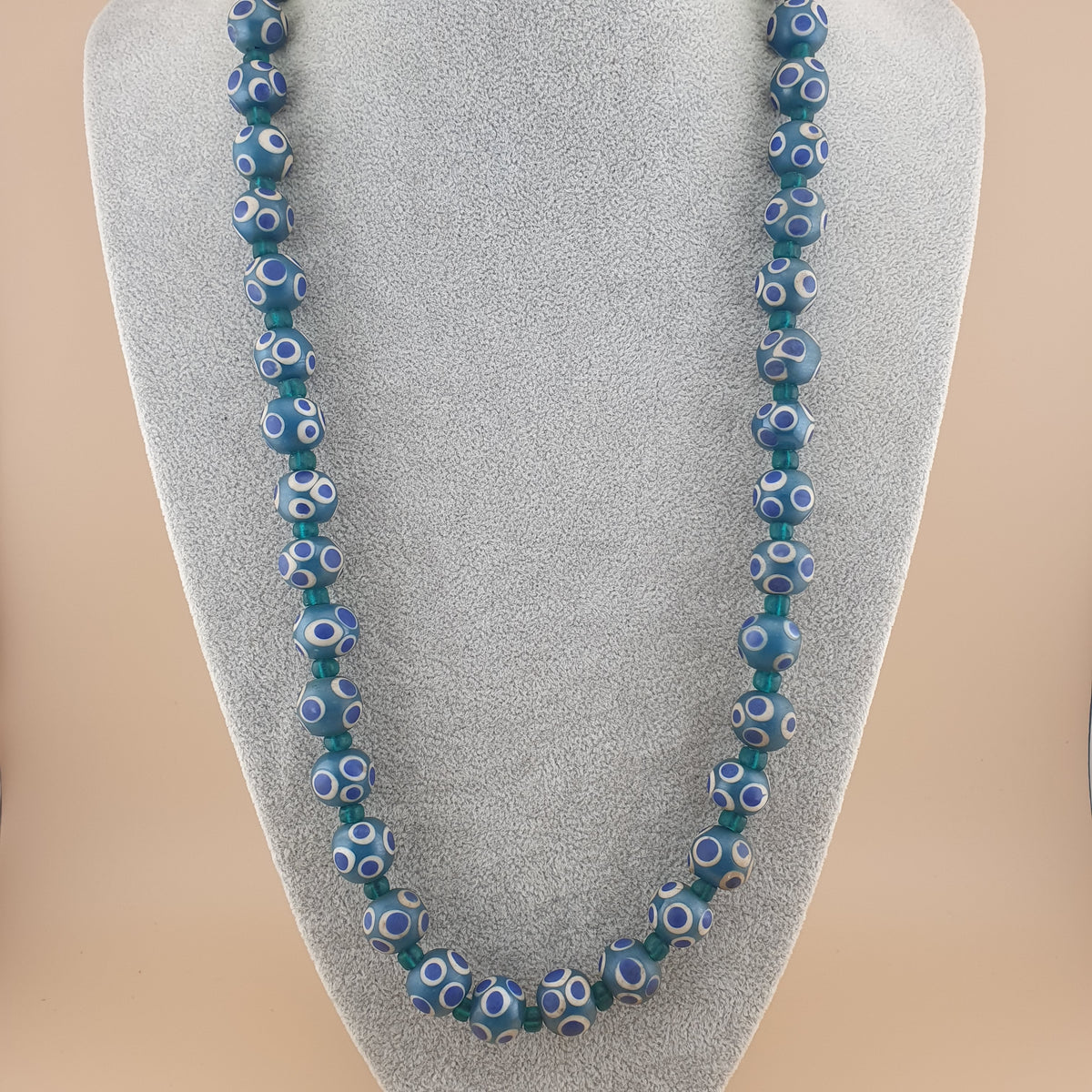 Perles en verre bleu "mille yeux" de style vénitien vintage, 24 pouces