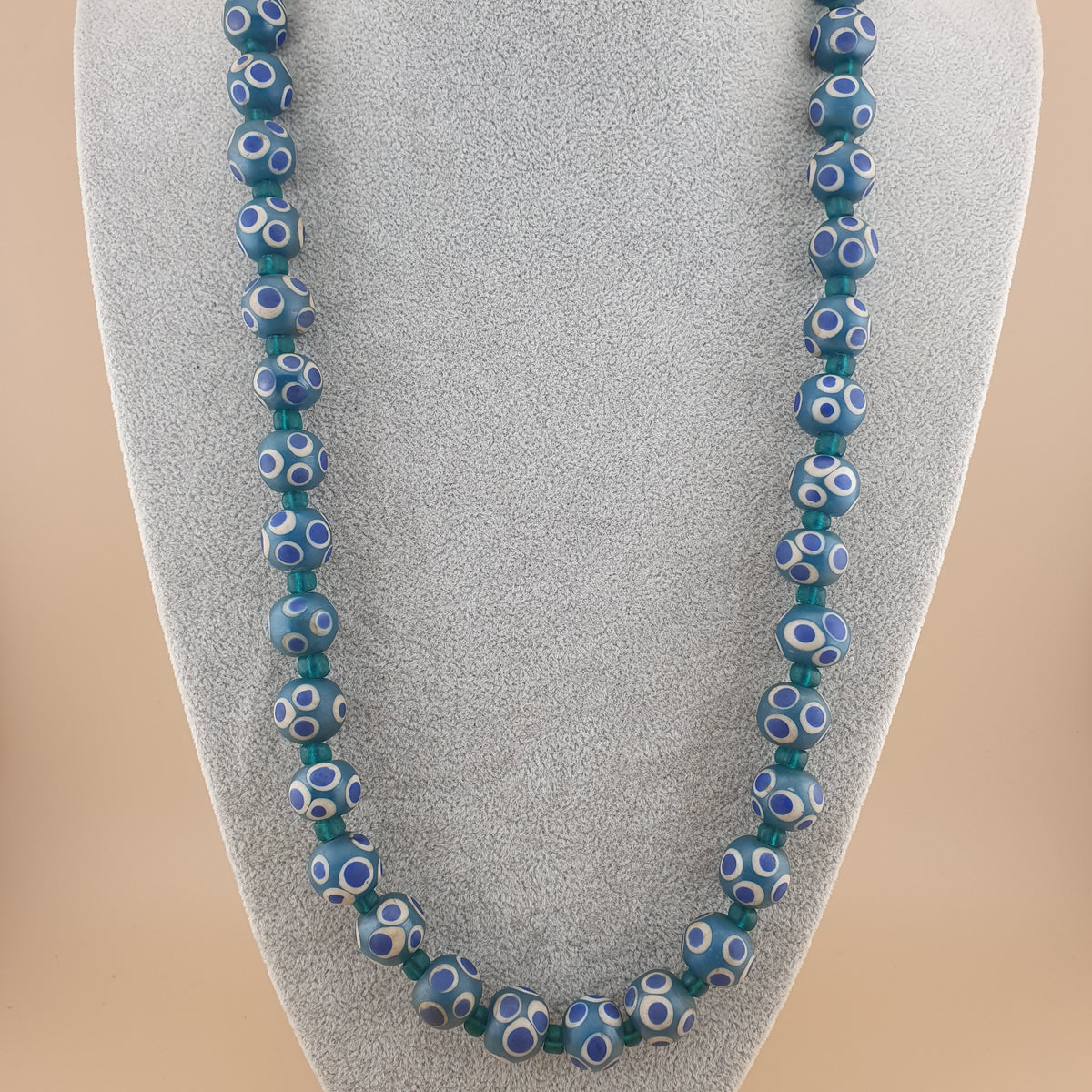 Perles en verre bleu "mille yeux" de style vénitien vintage, 24 pouces