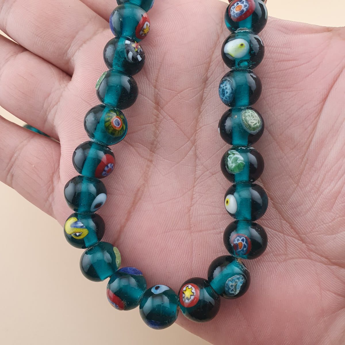 Vintage African Style Eyes Glass Beads Strand 22 inches