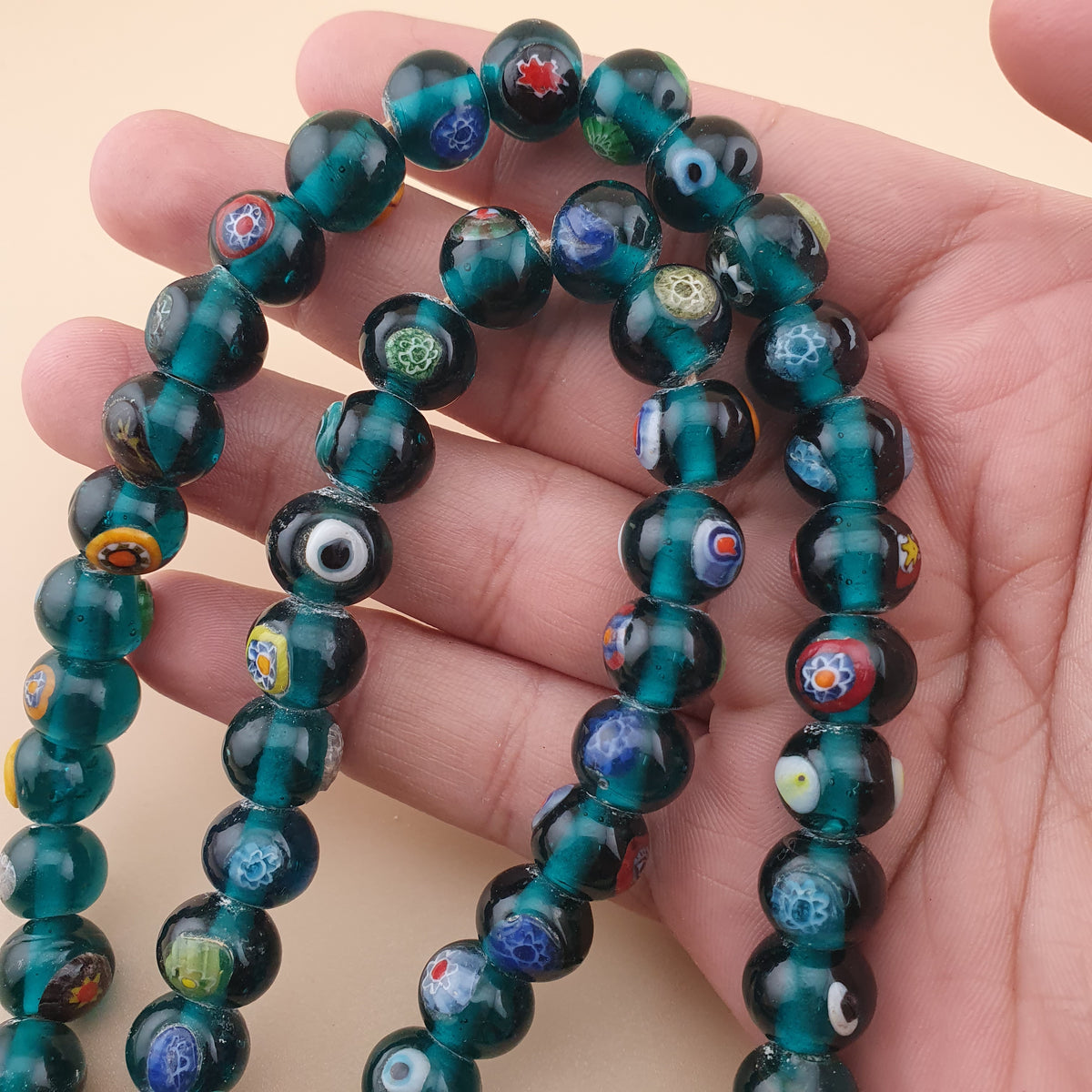 Vintage African Style Eyes Glass Beads Strand 22 inches