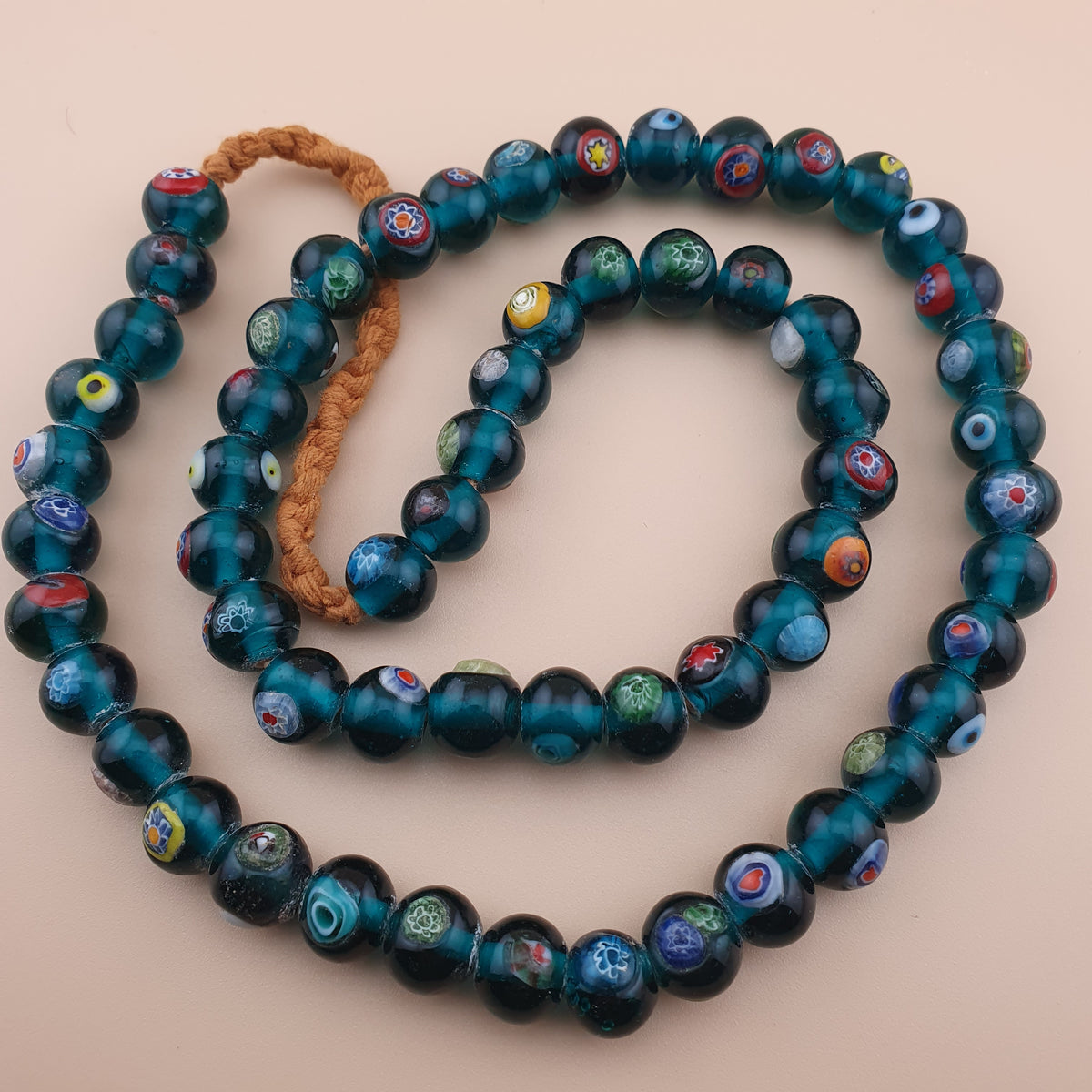Vintage African Style Eyes Glass Beads Strand 22 inches