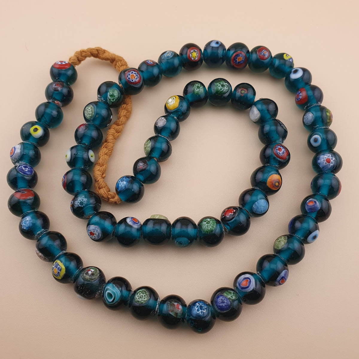 Vintage African Style Eyes Glass Beads Strand 22 inches