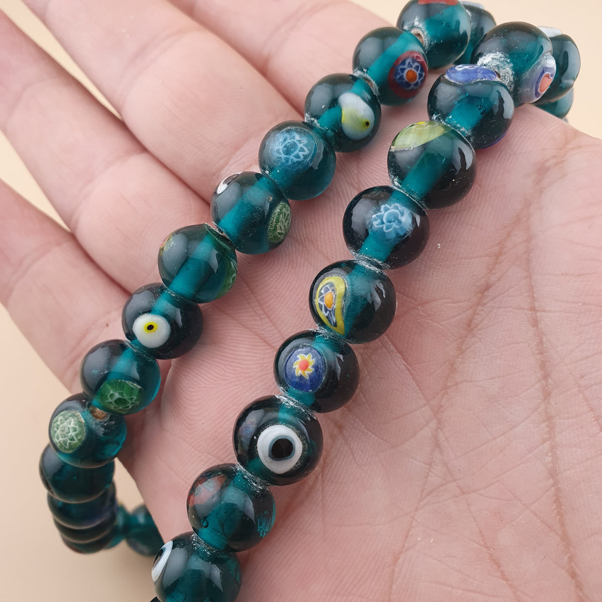 Vintage African Style Eyes Glass Beads Strand 22 inches