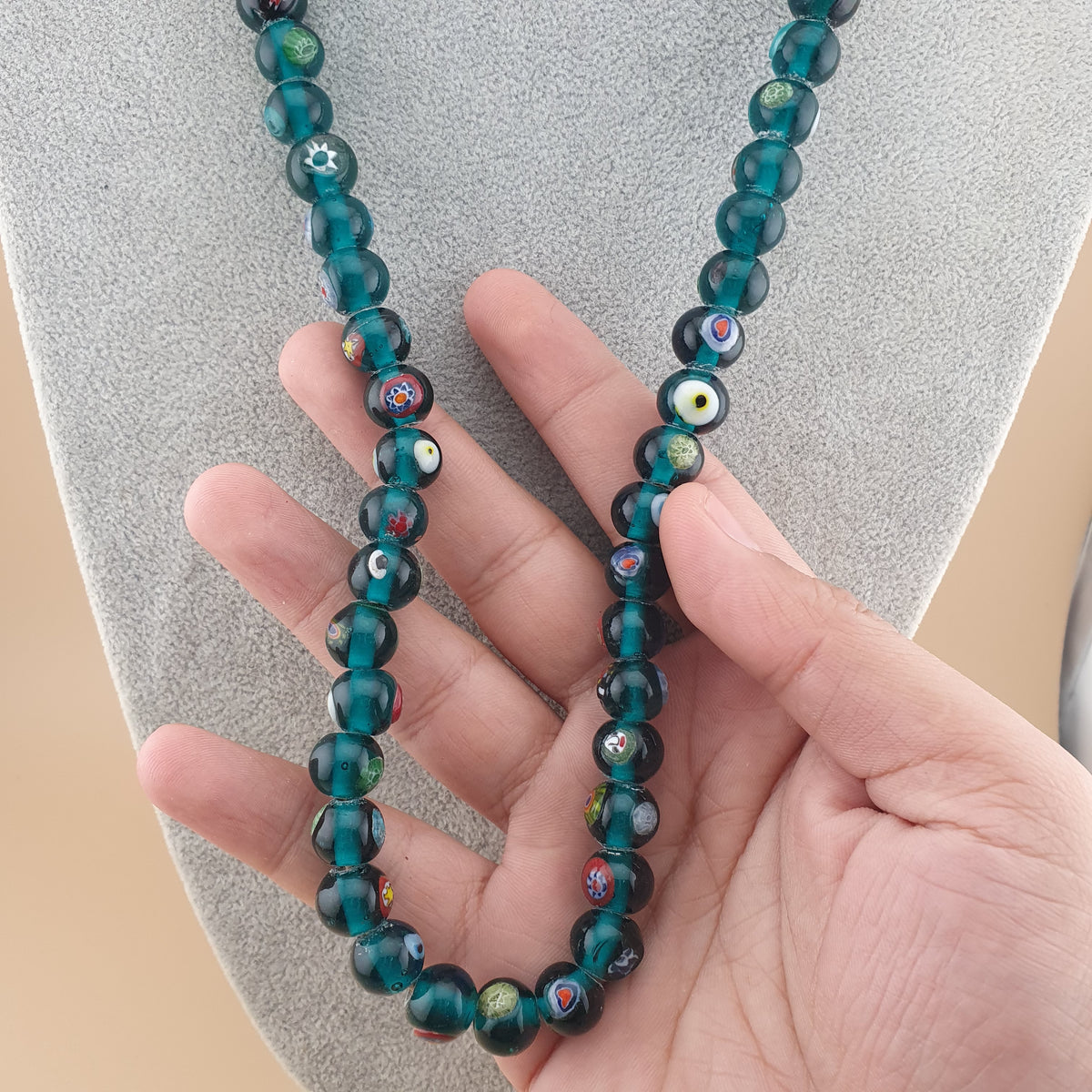 Vintage African Style Eyes Glass Beads Strand 22 inches
