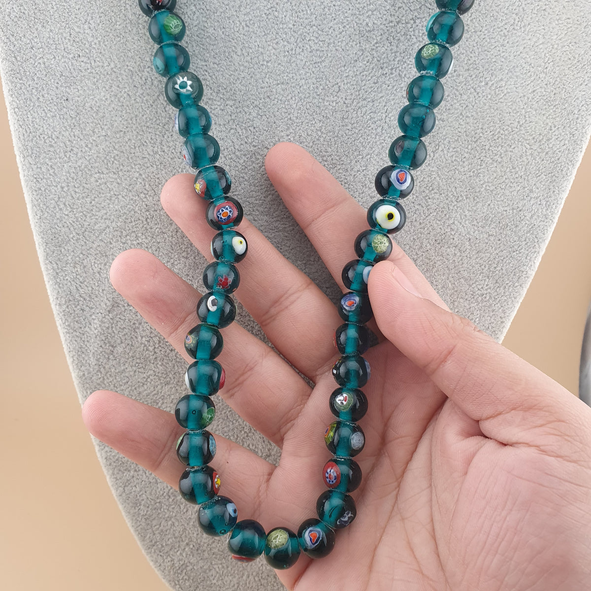 Vintage African Style Eyes Glass Beads Strand 22 inches
