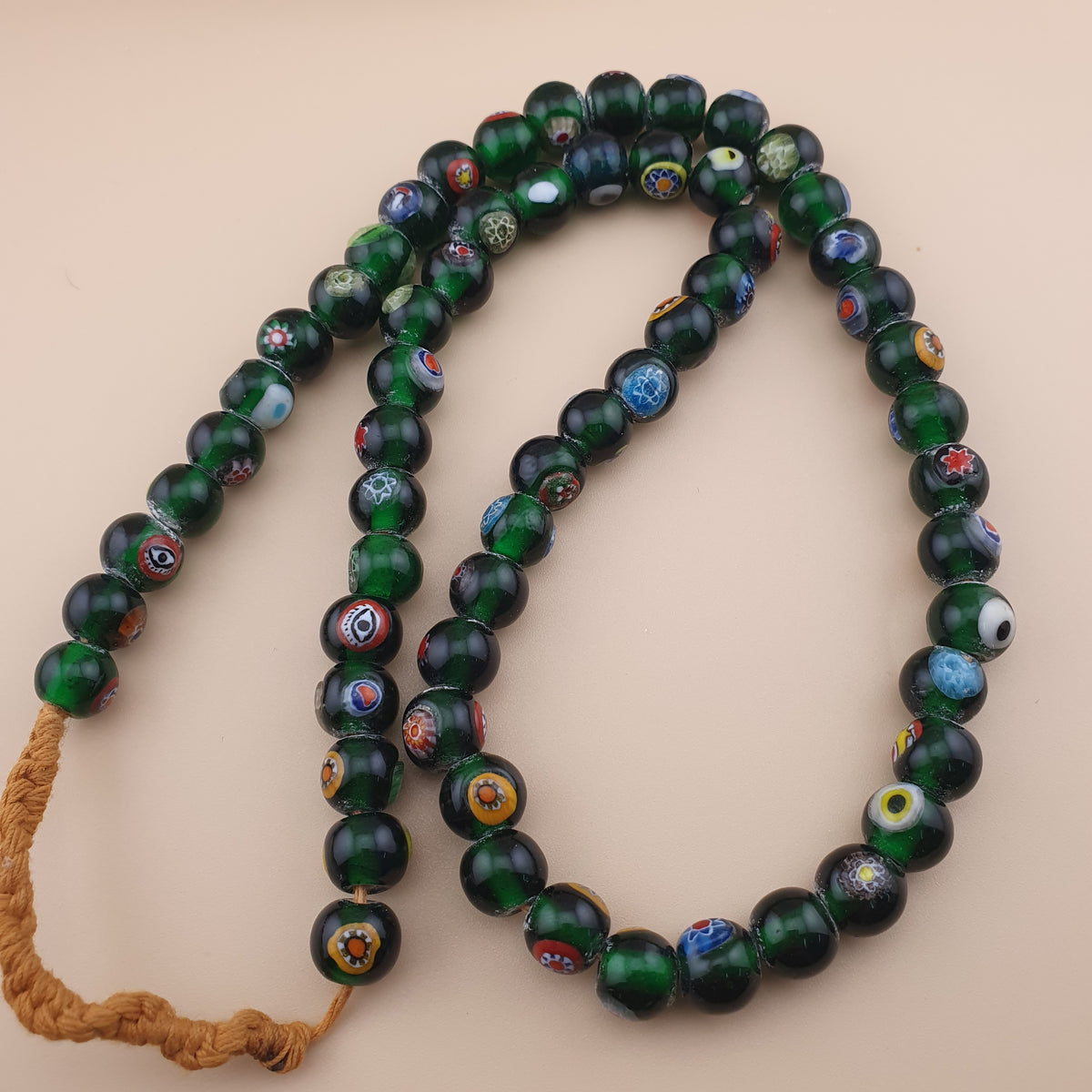 Vintage African Eyes Green Glass Beads Necklace 22 inches