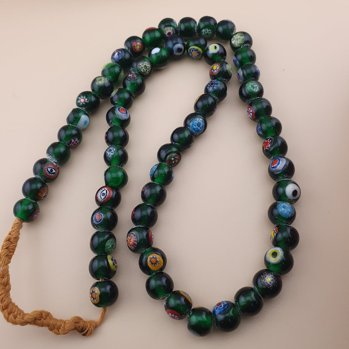 Vintage African Eyes Green Glass Beads Necklace 22 inches