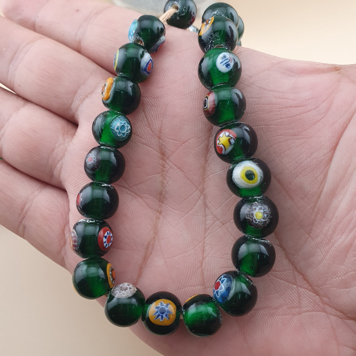 Vintage African Eyes Green Glass Beads Necklace 22 inches