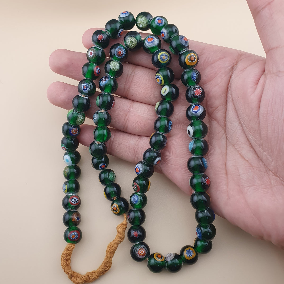 Vintage African Eyes Green Glass Beads Necklace 22 inches