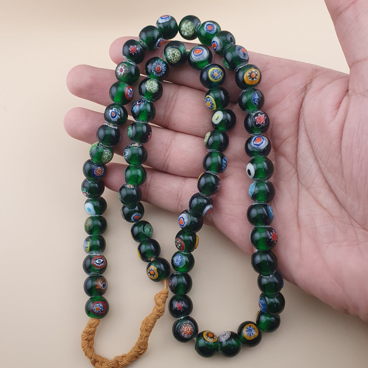 Vintage African Eyes Green Glass Beads Necklace 22 inches