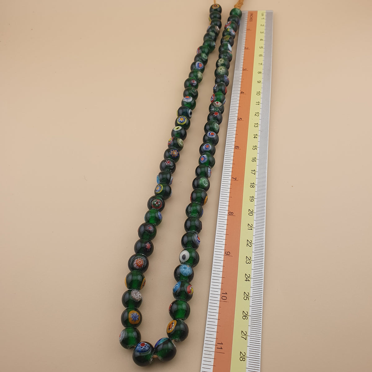 Vintage African Eyes Green Glass Beads Necklace 22 inches