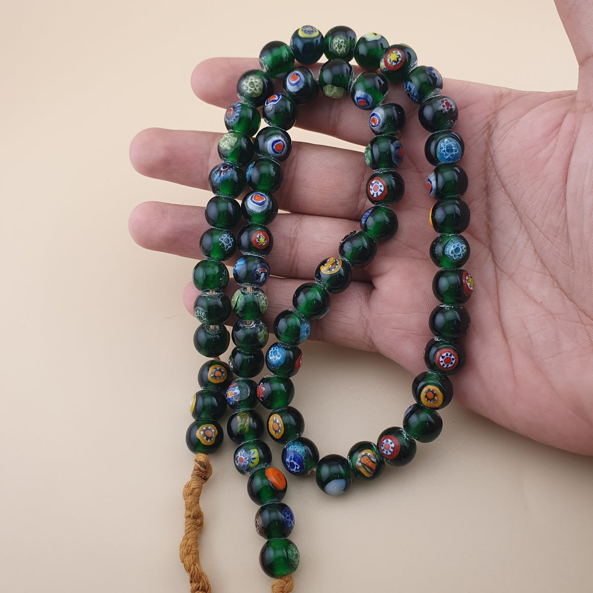 Vintage African Eyes Green Glass Beads Necklace 22 inches
