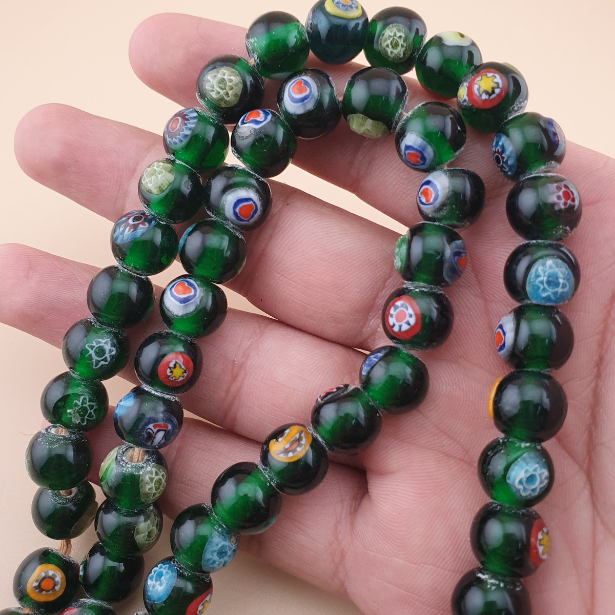Vintage African Eyes Green Glass Beads Necklace 22 inches
