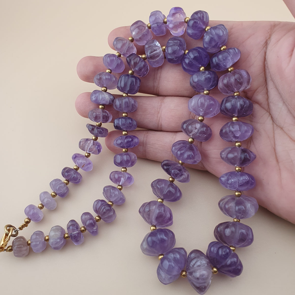 Vintage Amethyst Bead Necklace: Melon Shape Purple Gemstone, 22 Inch