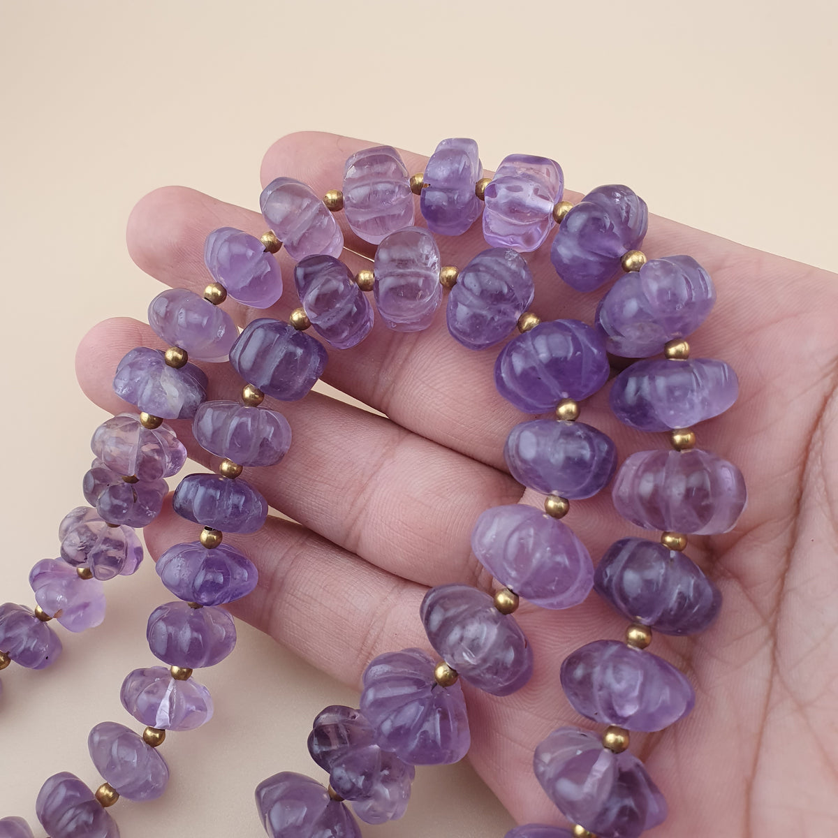 Vintage Amethyst Bead Necklace: Melon Shape Purple Gemstone, 22 Inch