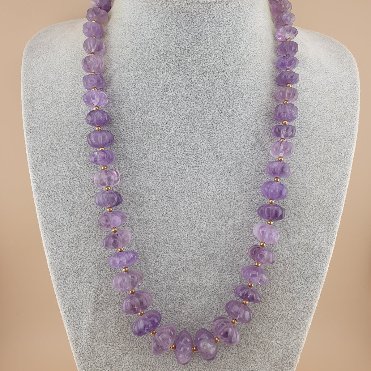 Vintage Amethyst Bead Necklace: Melon Shape Purple Gemstone, 22 Inch