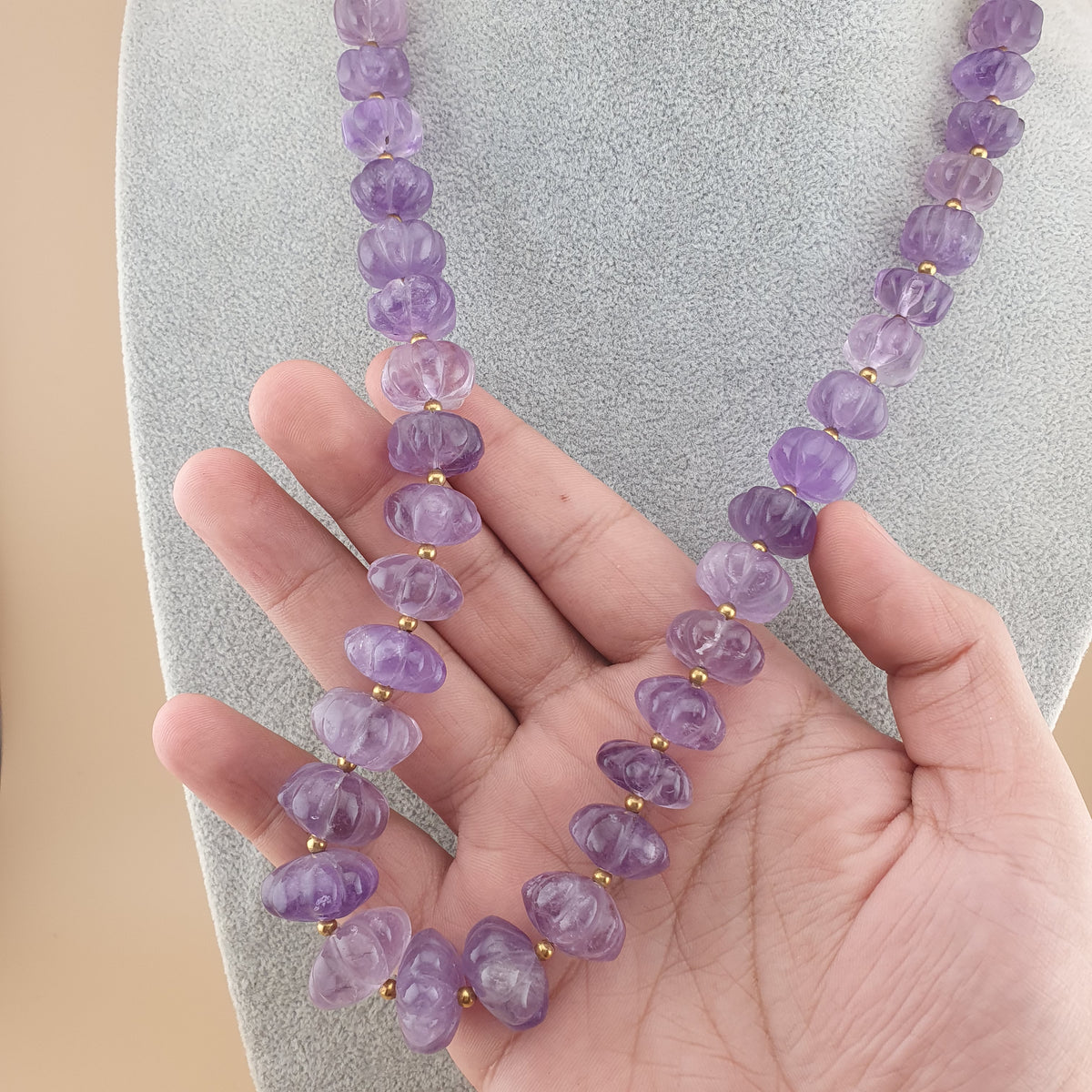 Vintage Amethyst Bead Necklace: Melon Shape Purple Gemstone, 22 Inch