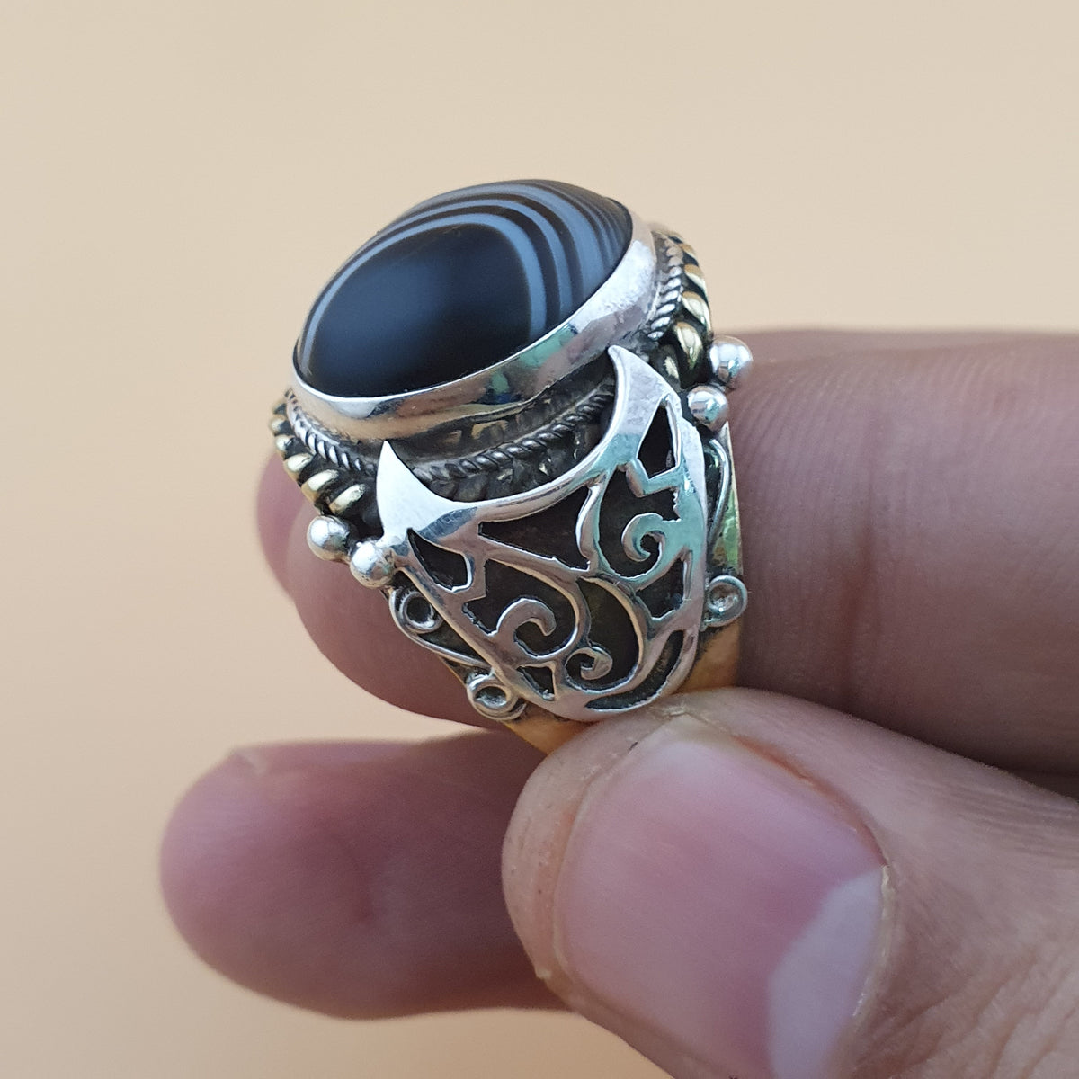 Vintage Messing- & Suliemani-Augen-Achatring mit Silbereinlage