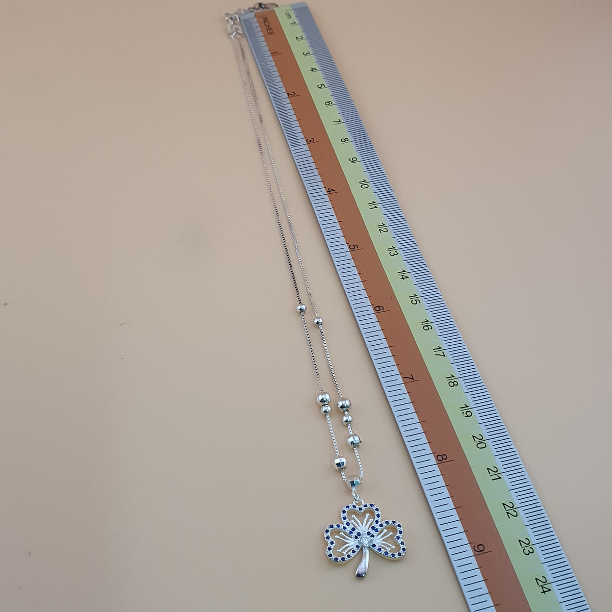 Elegant 925 Sterling Silver Four-Leaf Clover Pendant Blue & White Zirconia Stones Silver Chain