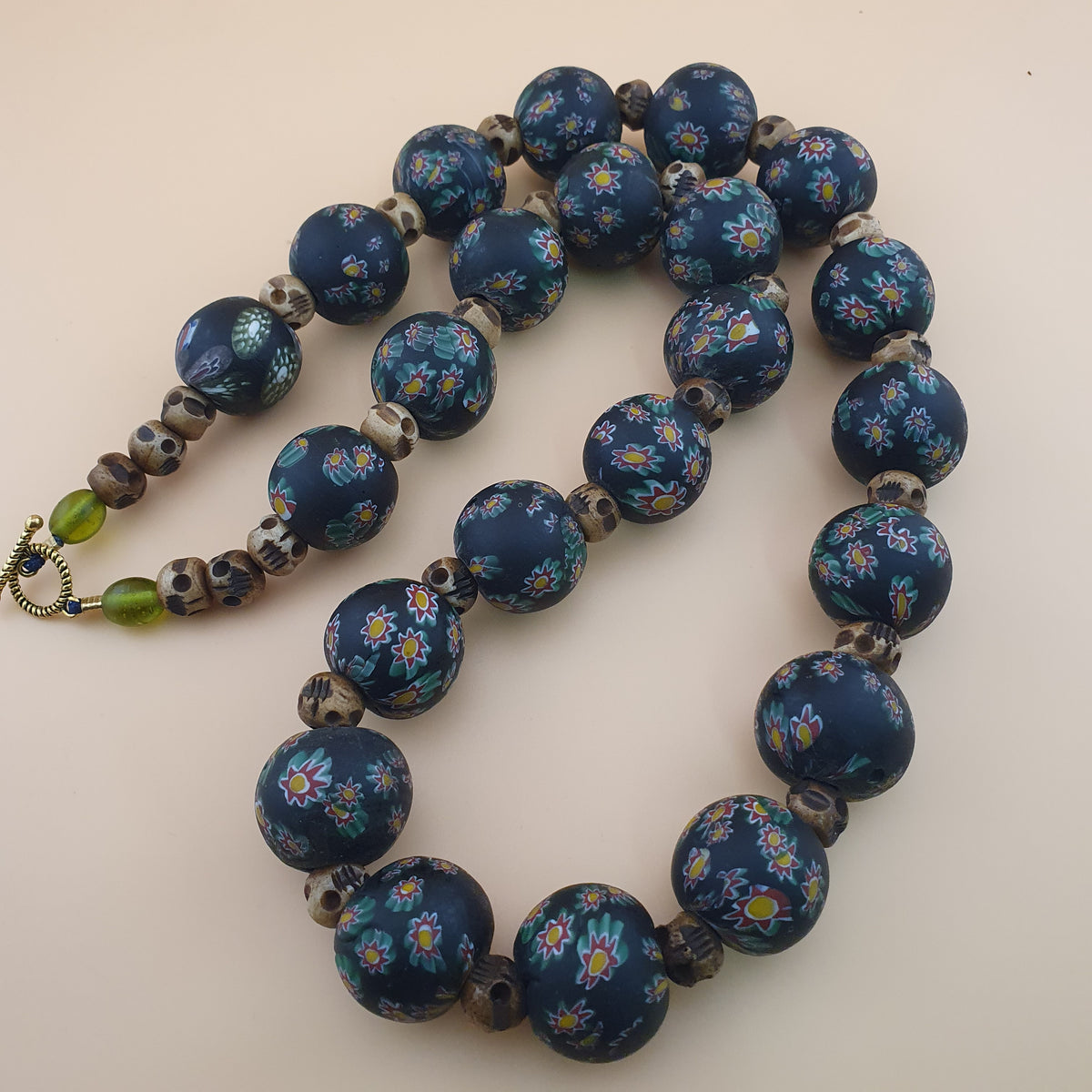 Vintage Venetian Style Millefiori Floral Glass & Antique Bone Beads Necklace