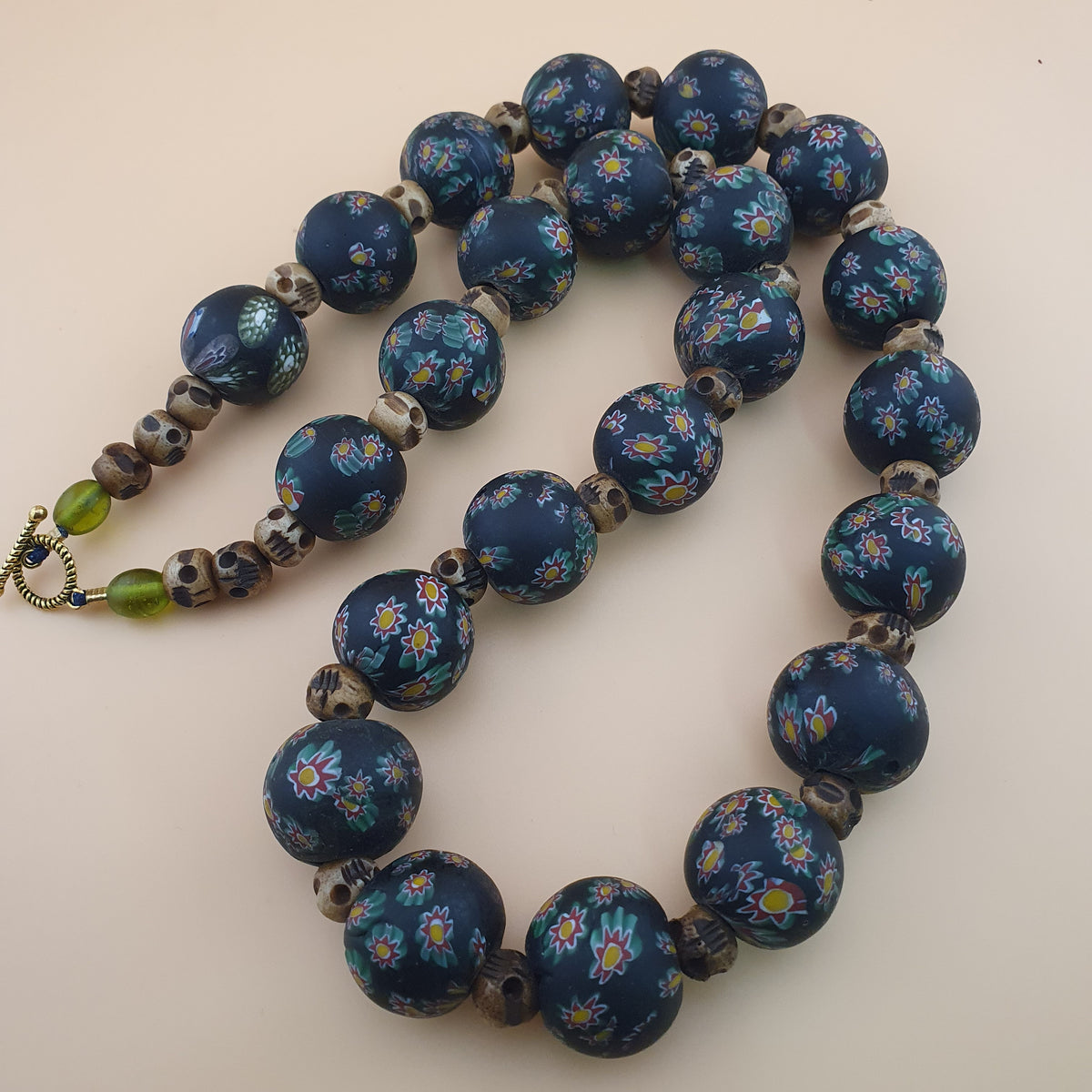 Vintage Venetian Style Millefiori Floral Glass & Antique Bone Beads Necklace