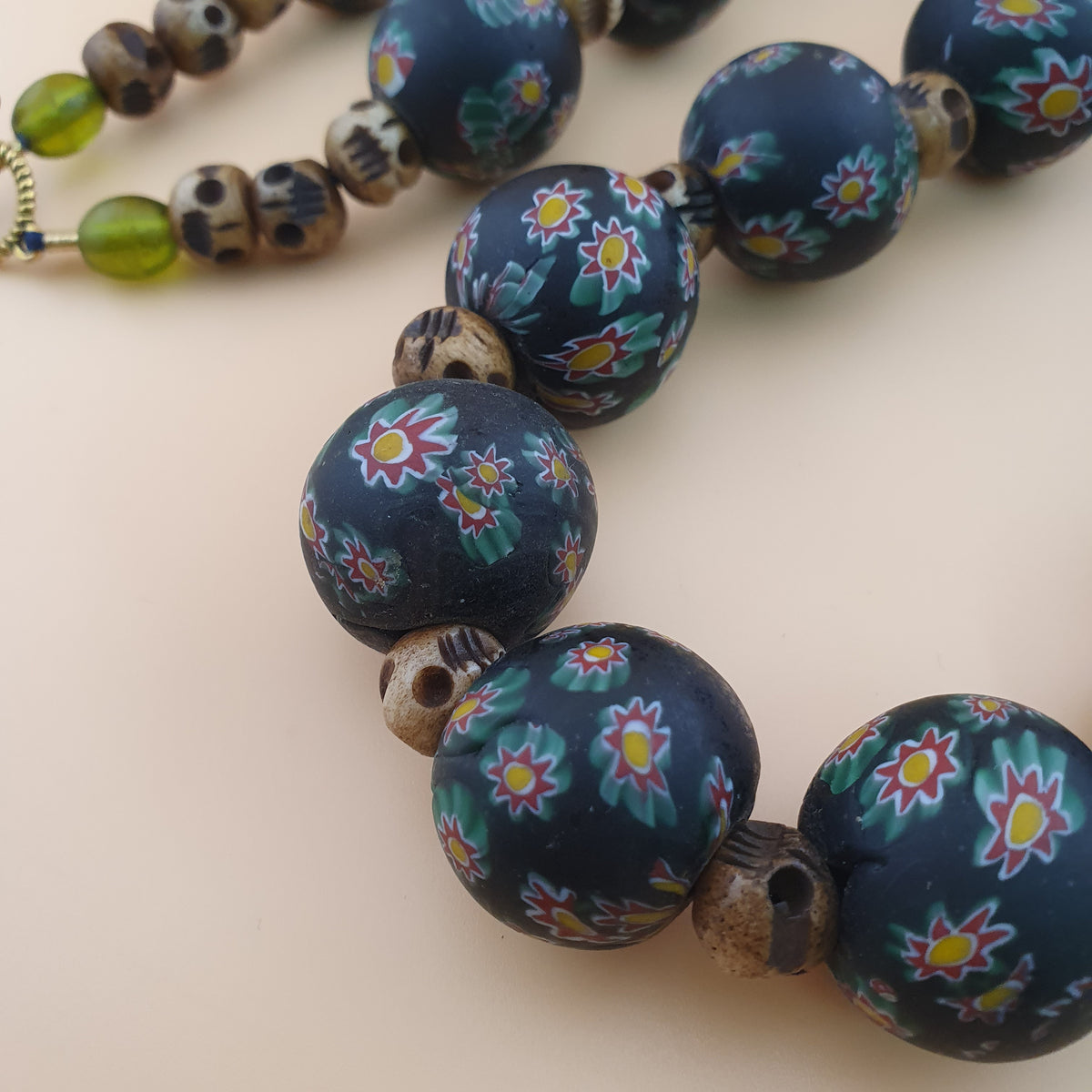 Vintage Venetian Style Millefiori Floral Glass & Antique Bone Beads Necklace