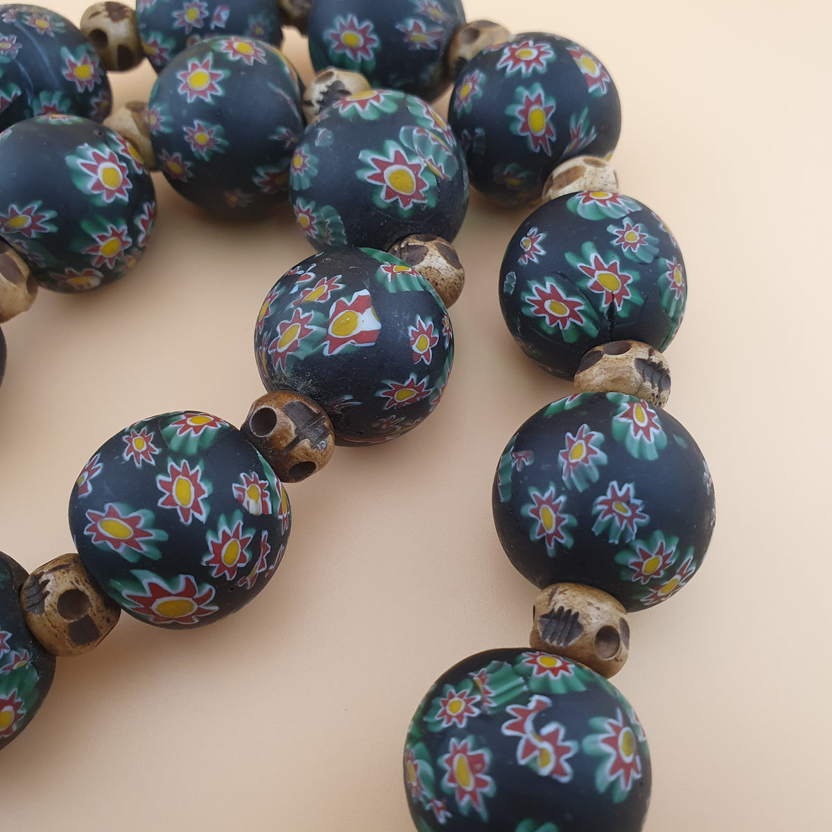 Vintage Venetian Style Millefiori Floral Glass & Antique Bone Beads Necklace